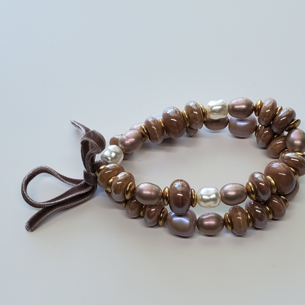 Chico's Taupe Cappuccino Two-Strand Faux Pearl Necklace and Stretch Bracelet Set - Picture 6 of 15